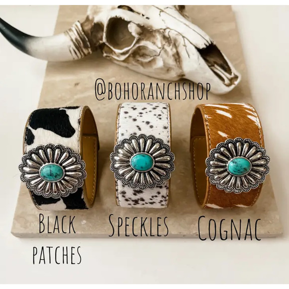 Cowhide Concho Bracelets Hair On Cowhide Genuine Leather Brown Grey Speckle - Picture 6 of 11